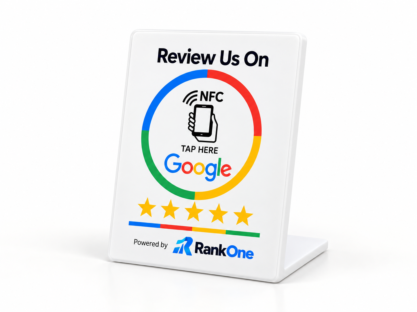 Front angled view of the white RankOne NFC Google review stand