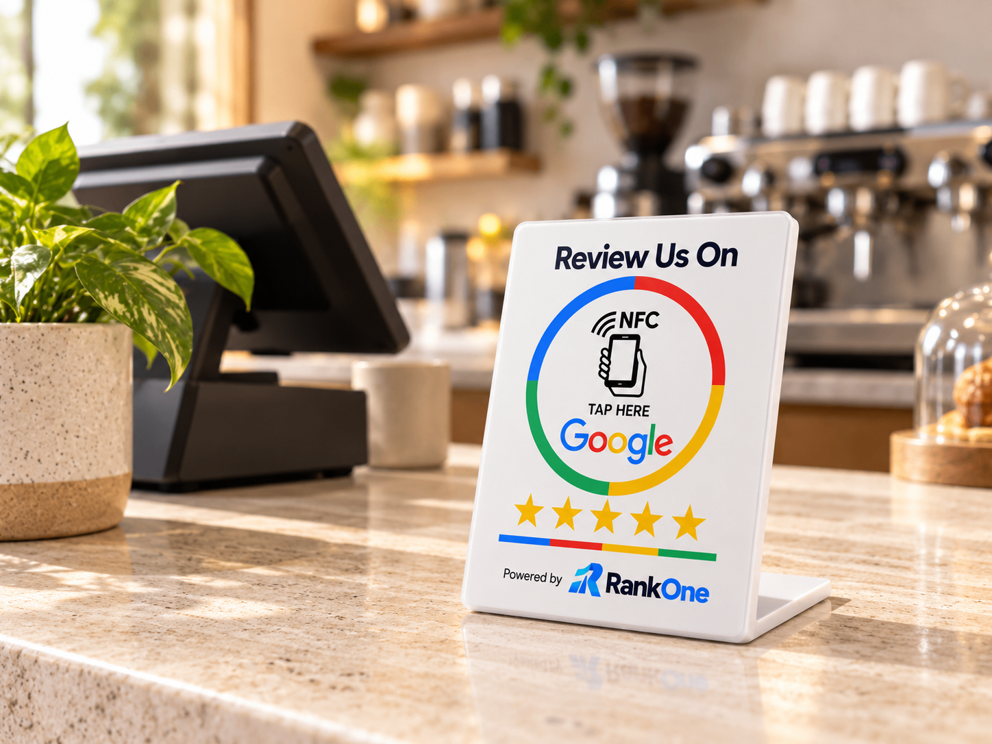 RankOne review stand on a business counter