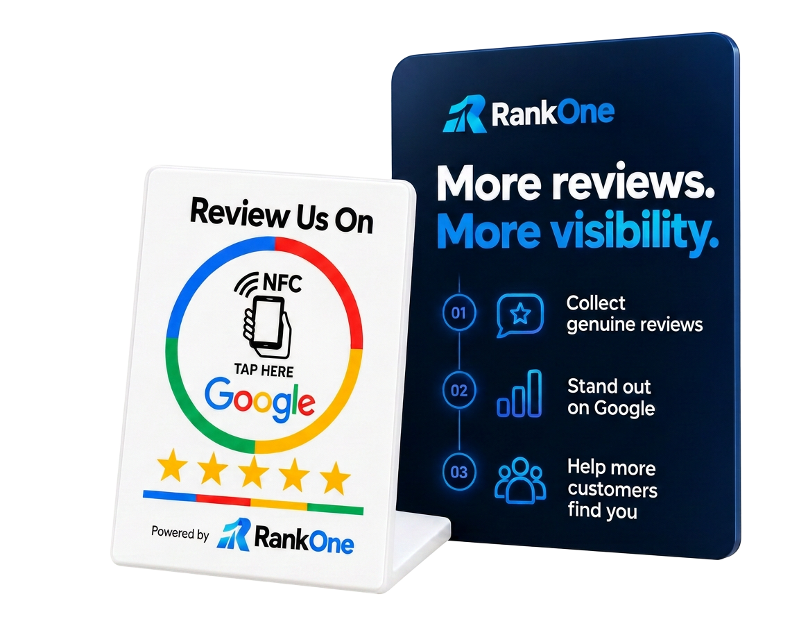 White RankOne NFC Google review stand with the navy RankOne display board on a clean studio background