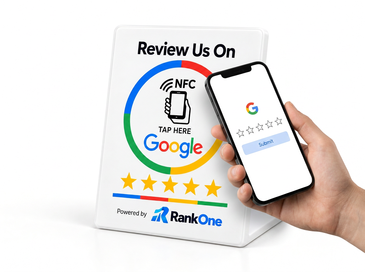 A customer holding their phone beside the RankOne stand with a Google review form open